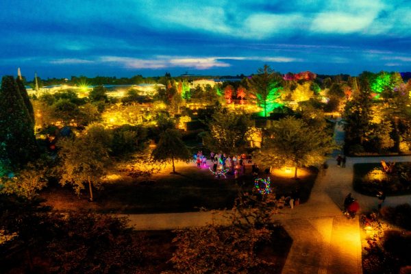 Illuminierte Parklandschaft bei Nacht mit bunten Lichtern und Besuchern – kreative Landschaft Fotografie.